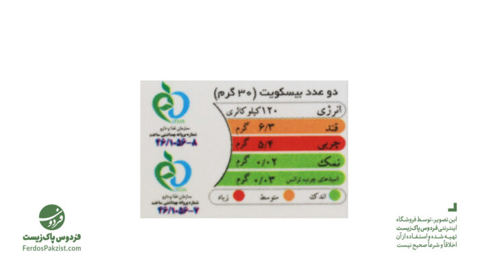 جدول ارزش غذایی بیسکوییت سویق کدوحلوایی: هر دوعدد بیسکوییت حاوی 120 کیلو کالری. قند متوسط. چربی زیاد. نمک و اسید های چرب ترانس اندک